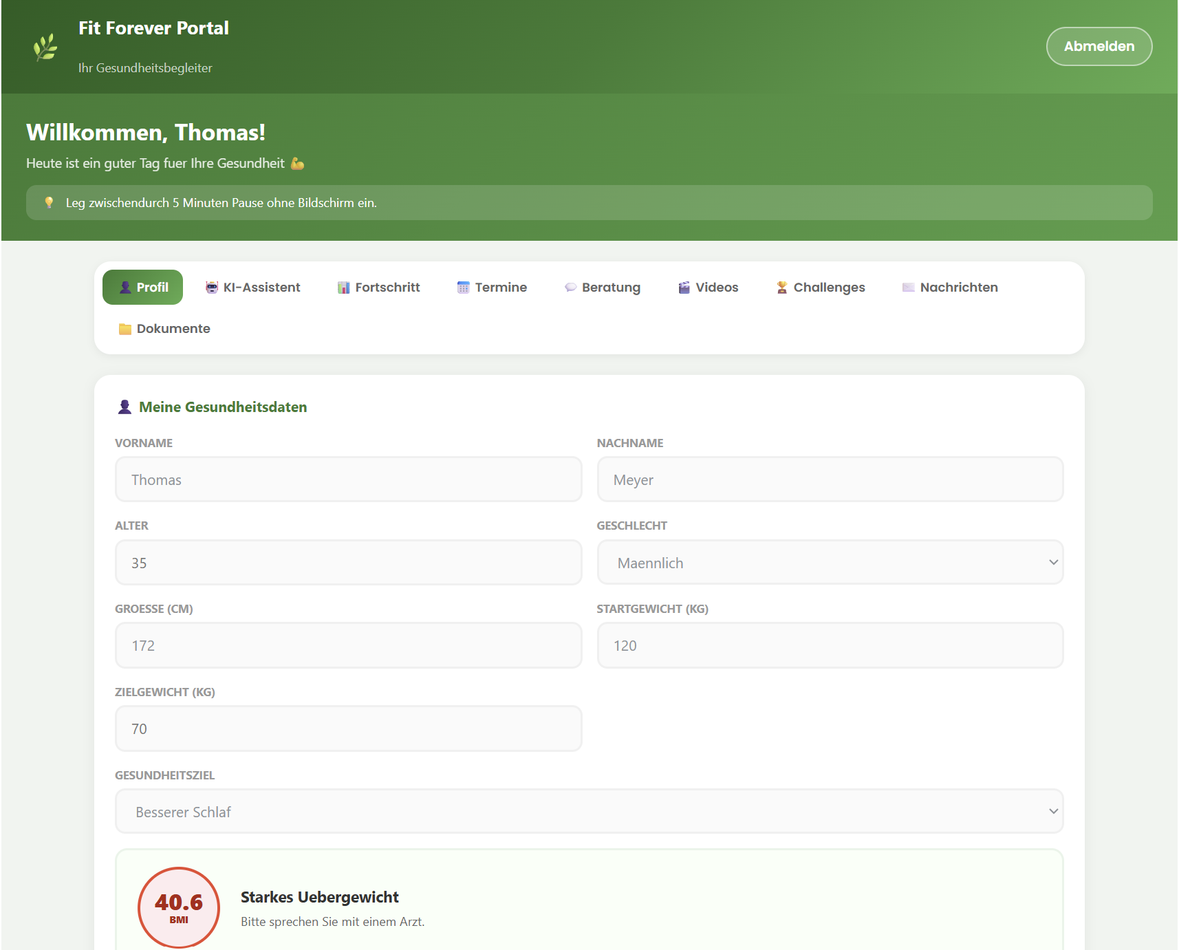 Fit Forever Portal Ansicht für Mitarbeitende